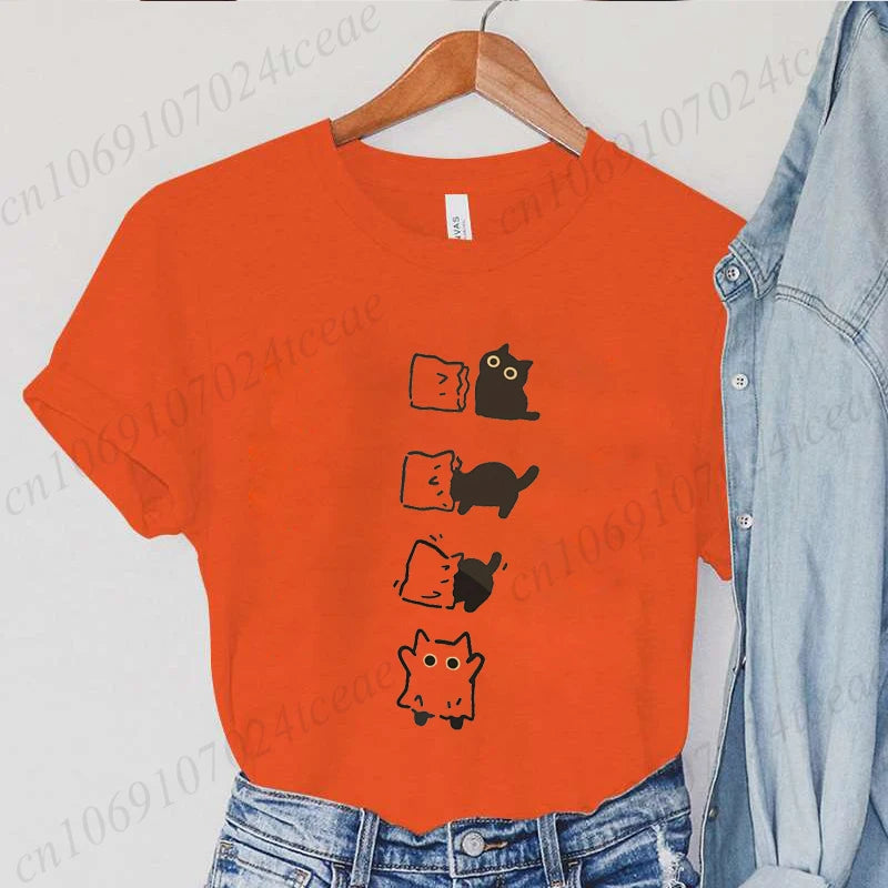 Boo Black Cat Print Women T-shirt Fashion Summer Tee Clothing Short Sleeve Harajuku Streetwear Casual Shirt Halloween Tee Tops