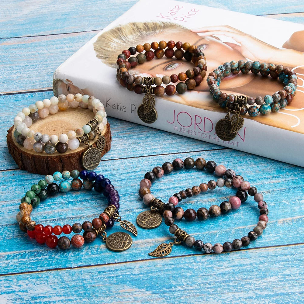 Natural Semi Precious Gemstone Beads Bracelet for Women Life Tree and Leaf Charm Energy Reiki Crystal Stretch Bracelets Jewelry