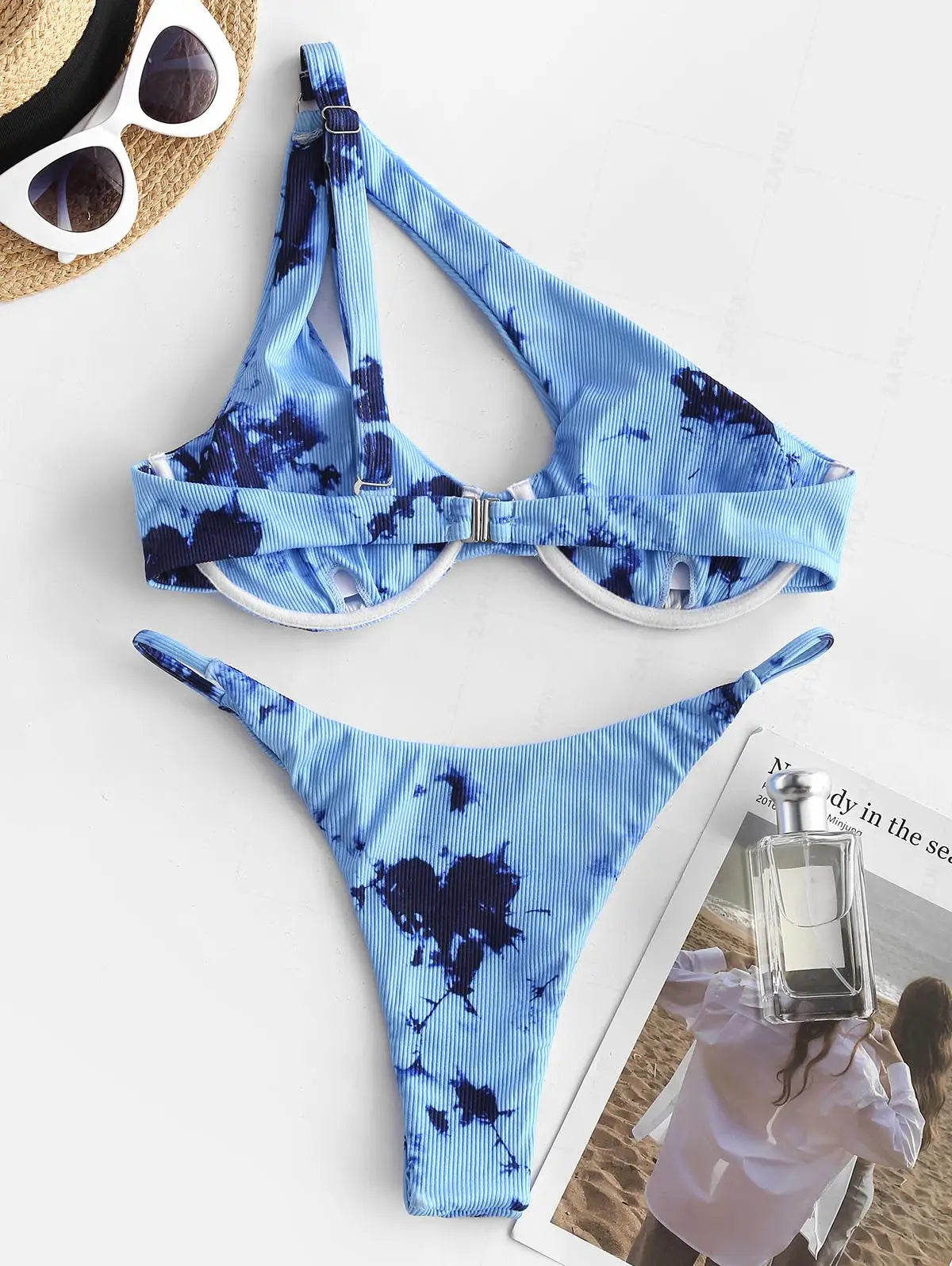 ZAFUL Bikini Set Textured One Shoulder O-ring Swimwear Women Beachwear Bathingsuit Removable Pads Wire Free Bather Swimingsuit
