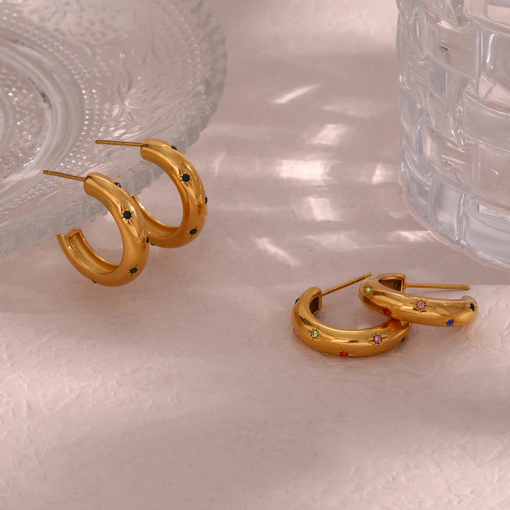 E B belle Official Store Stainless Steel Green Colorful 3A Zircon Stone Paved Hoop Earrings For Woman Golden Earring