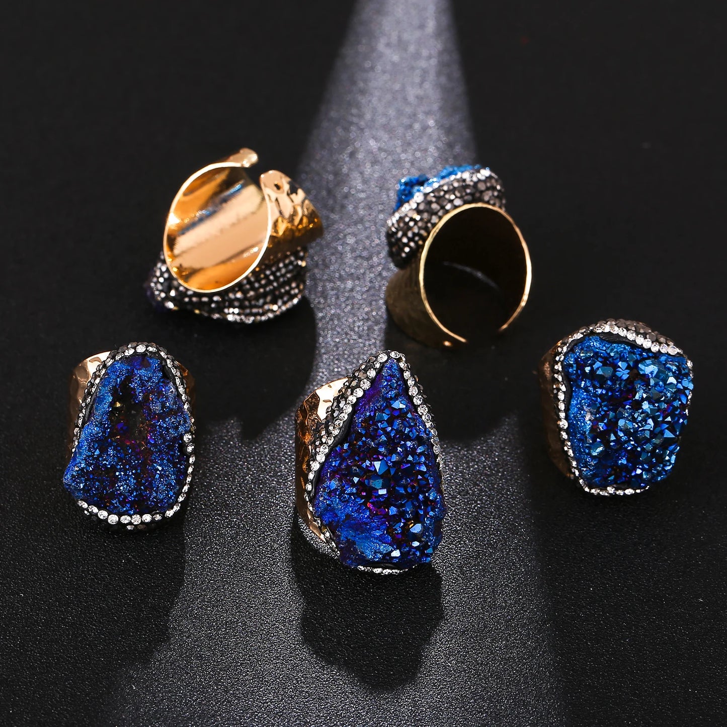 Irregular Micro Inlay Druzy Quartz Stone Open Ring for Women Gold Plated Boho Finger Jewelry Resizable