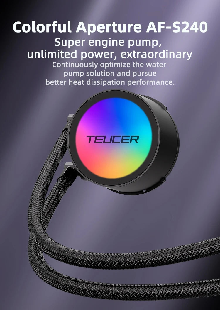 TEUCER AF S240 Water Cooled Cooling Radiator Colorful Lighting Water Cooling Head 12CM Fan For LGA 2011 17XX 1200 115X AM4 AM5