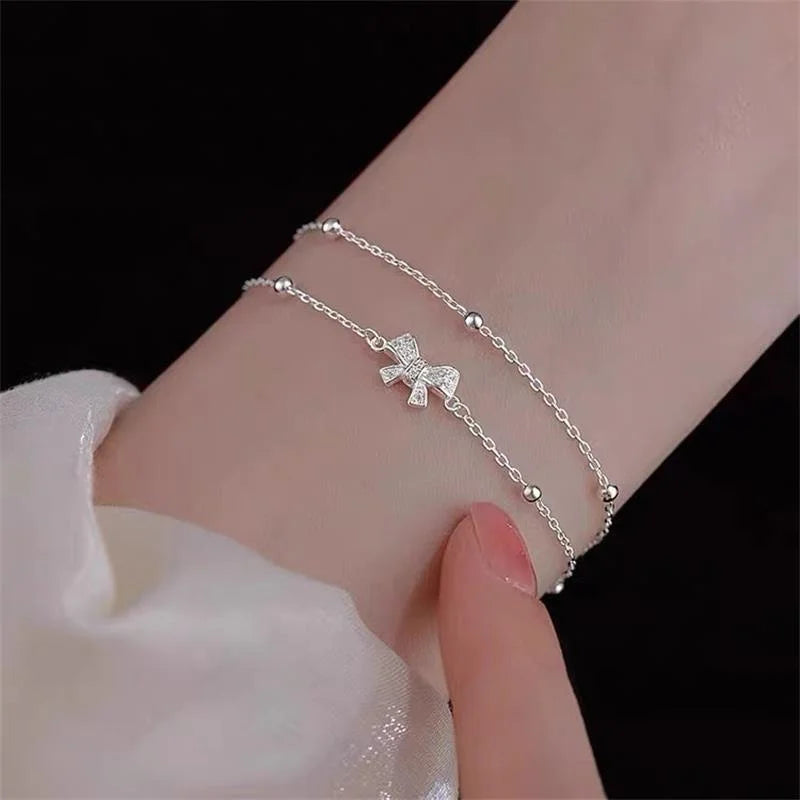 Titanium Steel Silver Color Geometric Bracelet For Women Girl Fashion Holiday Gift Double-deck Bow Wrist Chain Jewelry Pulsera