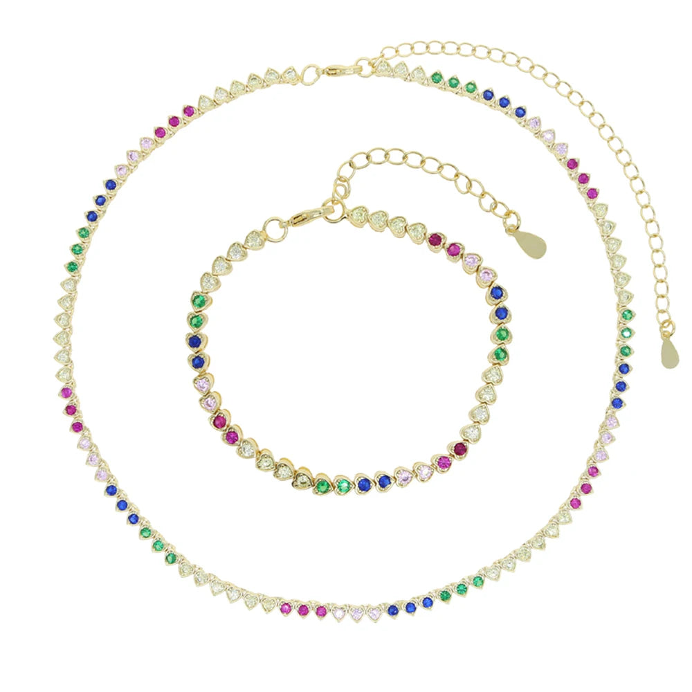 2024 New Rainbow CZ Heart Charm Necklace Gold Color Zircon Tennis Chain Asymmetric Hearts Choker Women Hip Hop Fashion Jewelry