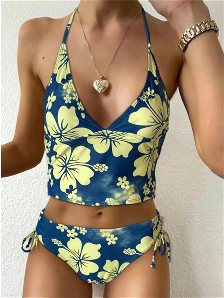 Sexy Yellow Floral Print Bikinis Set Women Halter Push Up Crop Top Swimsuit 2025 Beach Bathing Suit Lace Up High Waist Swimwear
