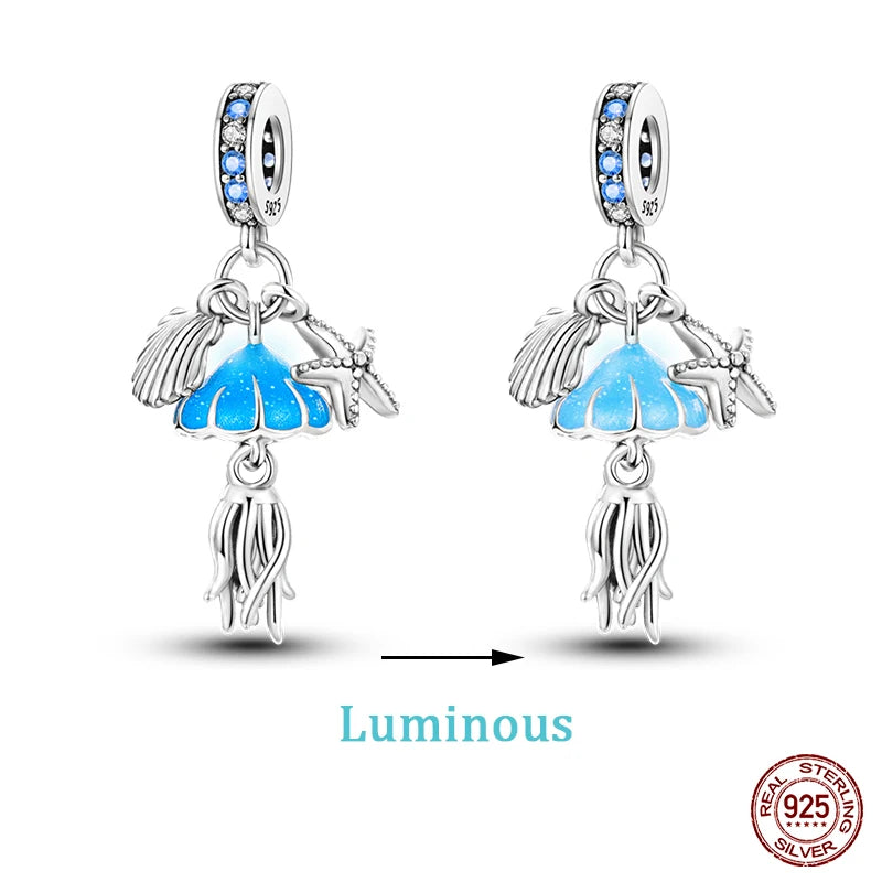 New 100% 925 Sterling Silver Ocean Luminous Sea Turtle Dolphin Octopus Charms Beads Fit Qikaola Original Bracelets DIY Jewelry