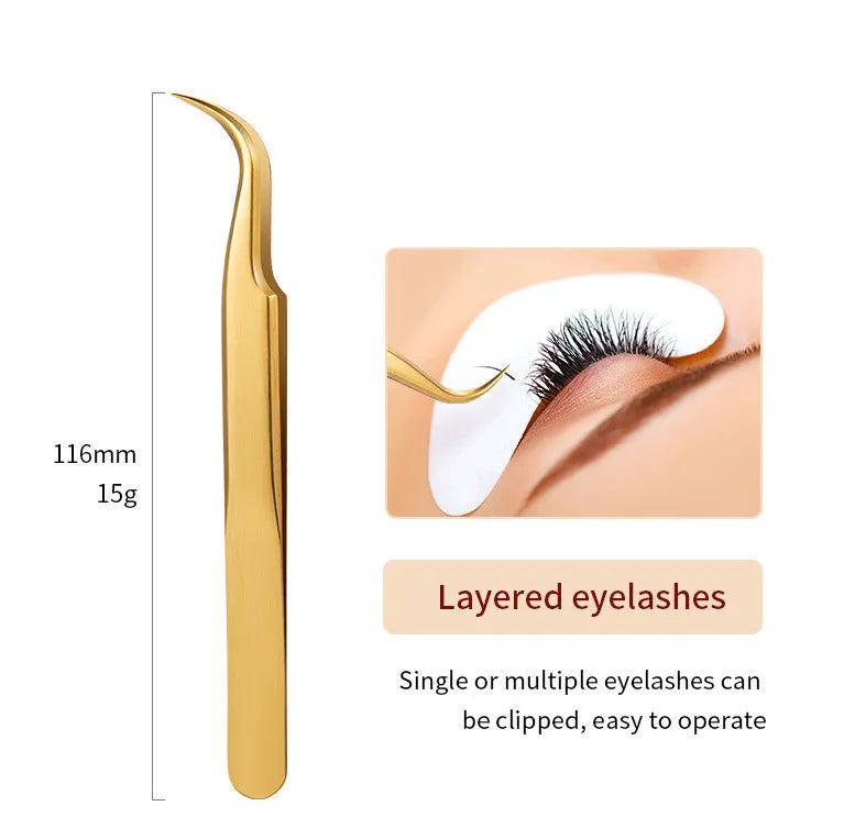 1PC Eyelash Tweezer For False Eyelash Extension Lash Fan Eyebrows Nail Art Clip Cilia Gold Stainless Steel Tweezers Makeup Tools