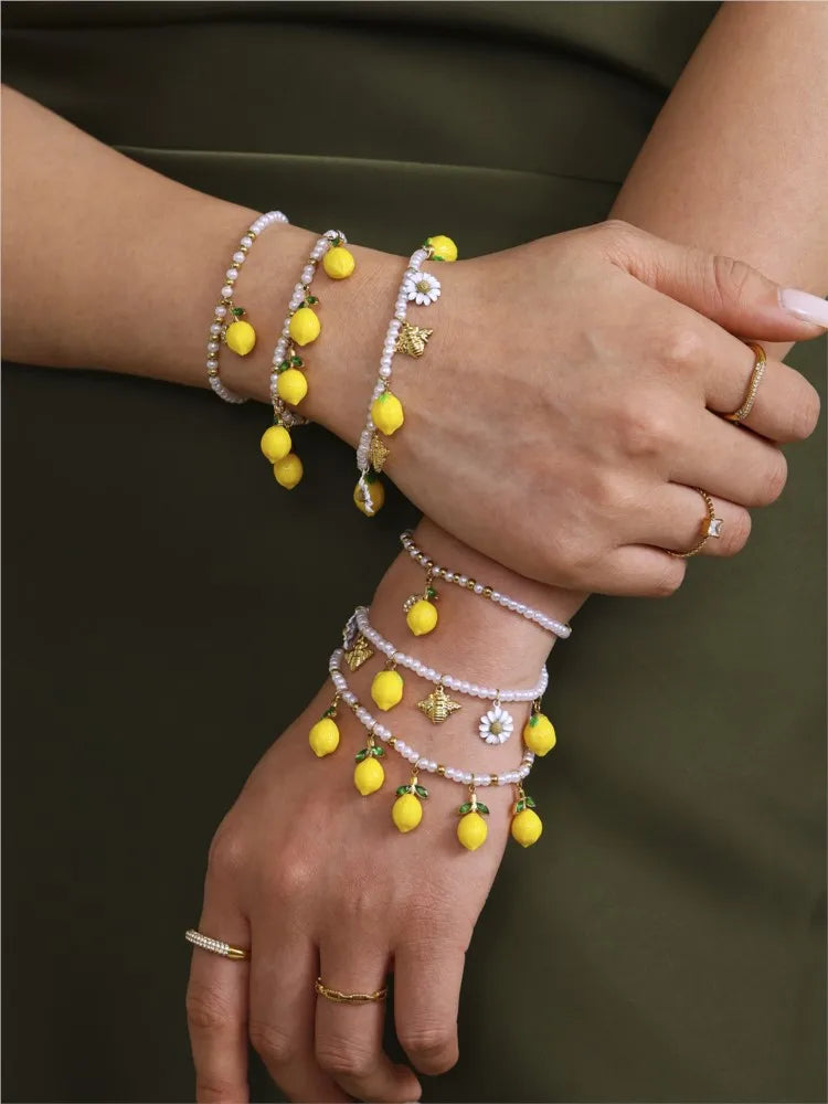 Shell Beads Bracelet With Multi Lemon Charms For Women Handmade Beaded Bracelets Matching Earrings Necklace Cute Jewelry Sets