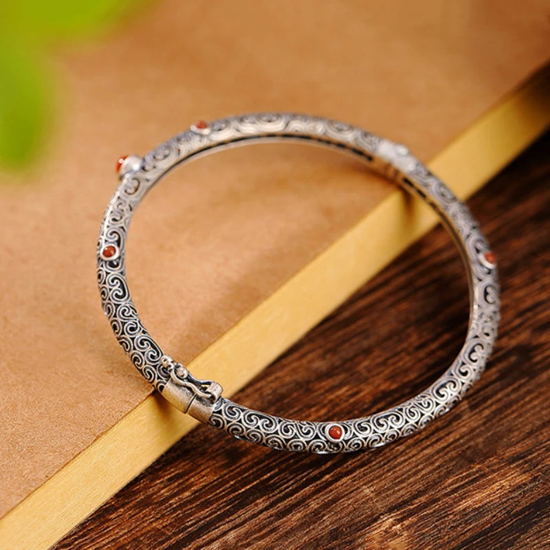 925 silver vintage ethnic style classic southern red tourmaline bracelet for women fine openwork bangles party jewelry
