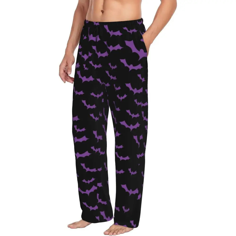 Custom Cute Spooky Halloween Bats Black And Purple Pajama Pants for Men Lounge Sleep Drawstring Sleepwear Bottoms with Pockets