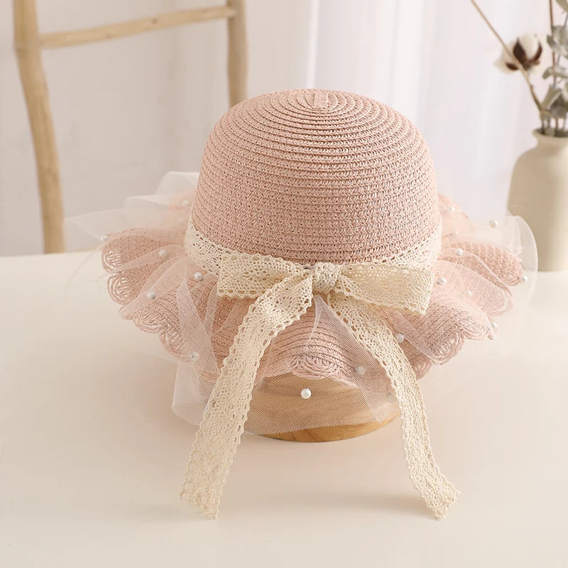 Kids Girls Wide Brim Straw Woven Cap Sun Protection Beach Hat Lace Pearl Summer Floppy Bucket Cap Portable Handbag панама