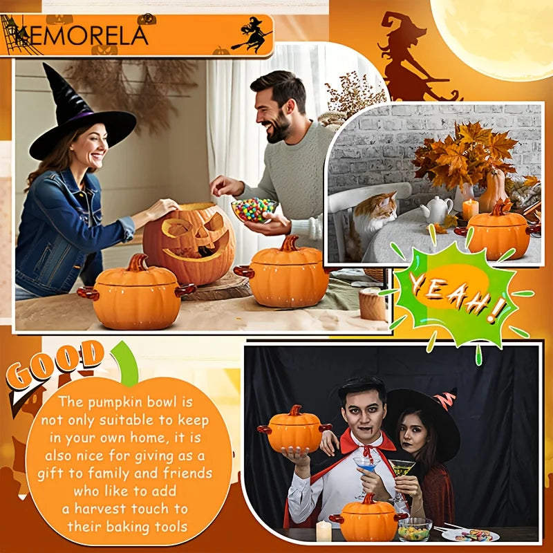 Halloween Pumpkin Bowl Ceramic Pumpkin Casserole Oven-Safe Pot With Lid And Handles, Perfect For Thanksgiving And Halloween