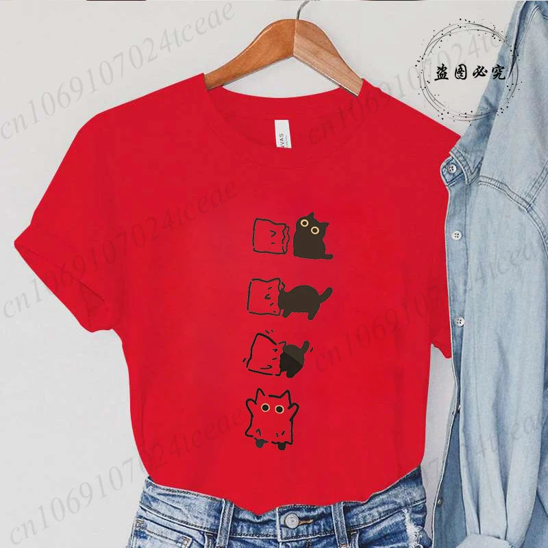 Boo Black Cat Print Women T-shirt Fashion Summer Tee Clothing Short Sleeve Harajuku Streetwear Casual Shirt Halloween Tee Tops