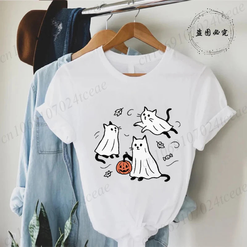 New Fashion Ghost Cat T-Shirt Tops Womens Vintage T-Shirt Funny Spooky Halloween Classic T-Shirt Tops Women's Tees Streetwear