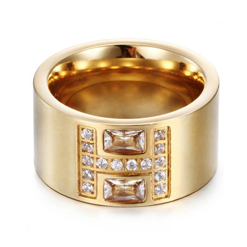 New Arrival Gold-Color Ring Bijoux 14mm Width Big Pave Setting CZ Zicon engagement Ring For Women Wedding Jewelry