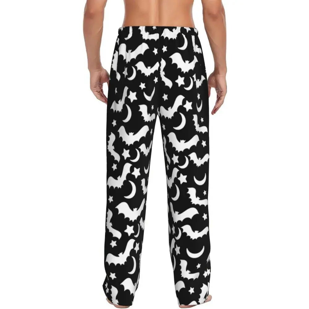 Custom Cute Spooky Halloween Bats Black And Purple Pajama Pants for Men Lounge Sleep Drawstring Sleepwear Bottoms with Pockets