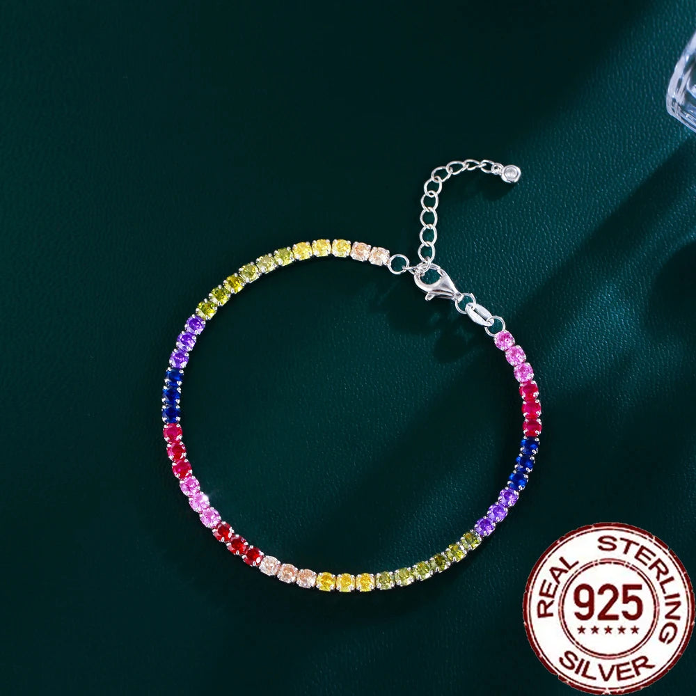 CWWZircons Sterling Silver 925 Multicolor Rainbow Tourmaline Tennis Chain Bracelets for Women Party Colorful CZ Jewelry SB018
