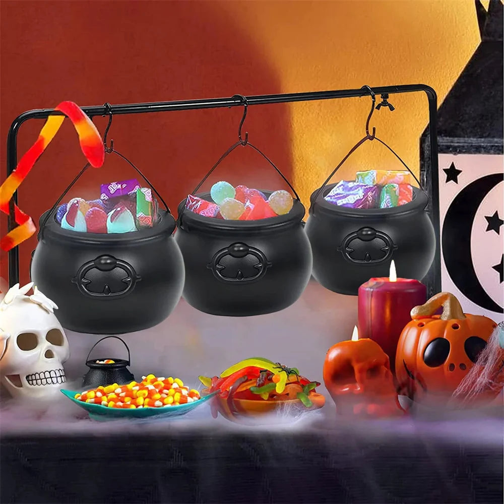 Halloween Candy Bucket Jar Trick Or Treat Black Plastic Cauldron Witch Bowls with Handle Halloween Party Decorations Props