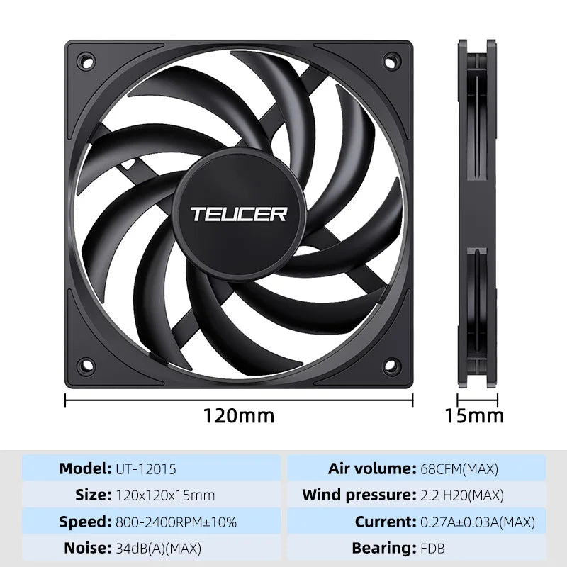 Teucer UT-12015 Ultrathin 15mm Thinckness 12cm Chassis Fan 12V/4Pin PWM FBD Bearing PC Case Cooling Ventilator 1-10pcs with Hub