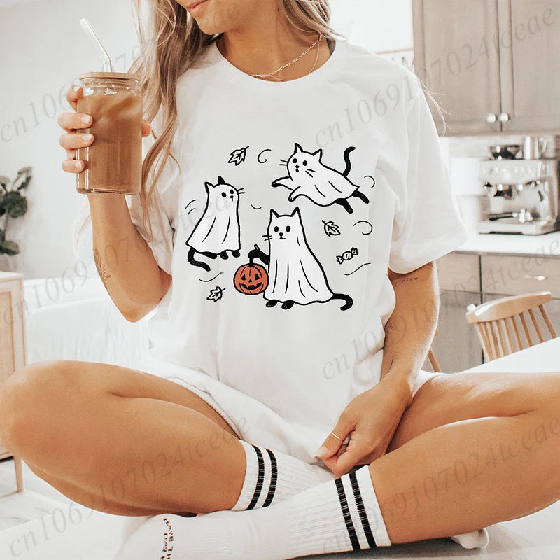 New Fashion Ghost Cat T-Shirt Tops Womens Vintage T-Shirt Funny Spooky Halloween Classic T-Shirt Tops Women's Tees Streetwear