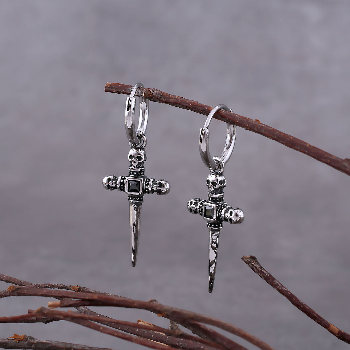 Vintage Cross Zircon Inlay Skull Earrings Men Hip Hop Stainless Steel Accessories Fashion Punk Jewelry Gift