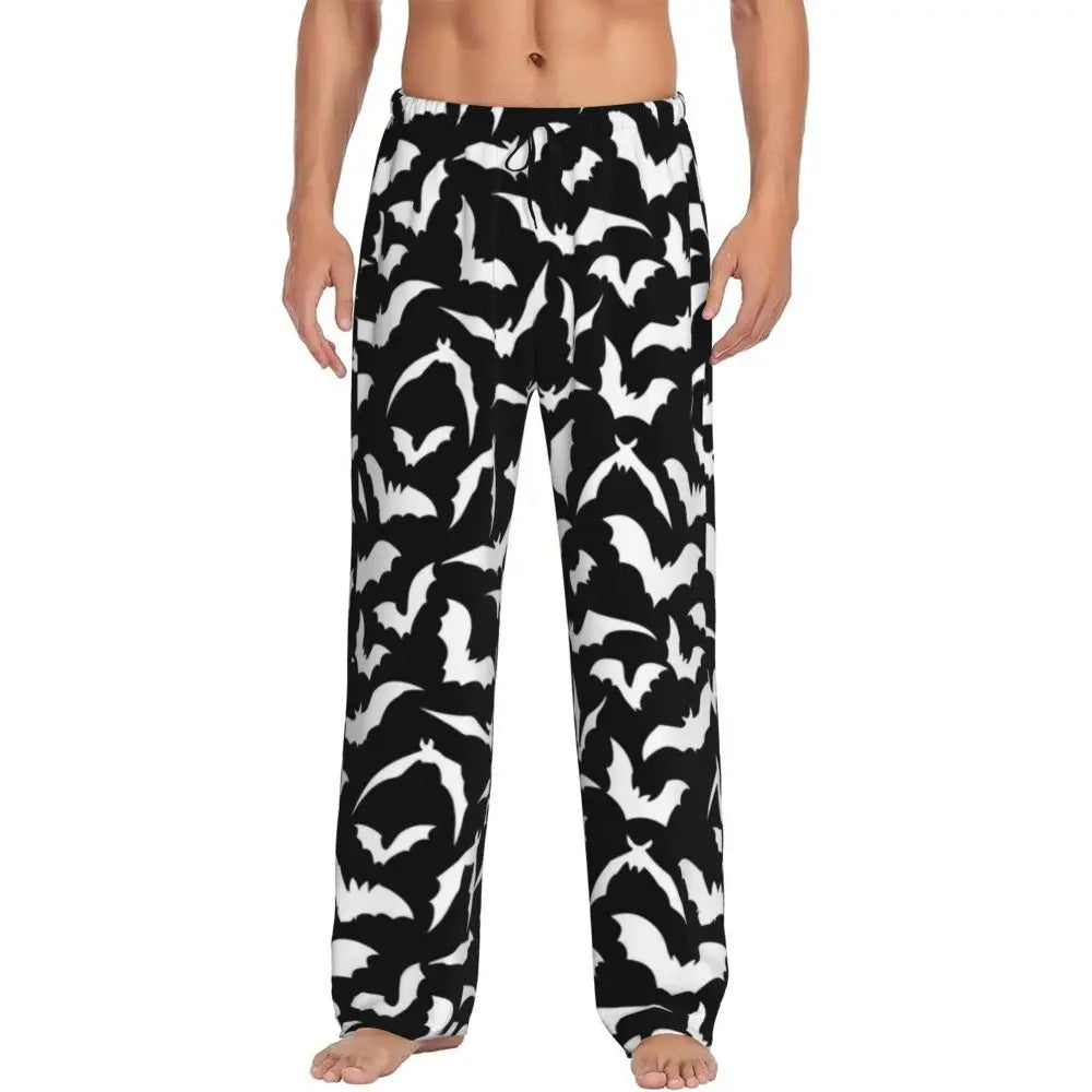 Custom Cute Spooky Halloween Bats Black And Purple Pajama Pants for Men Lounge Sleep Drawstring Sleepwear Bottoms with Pockets