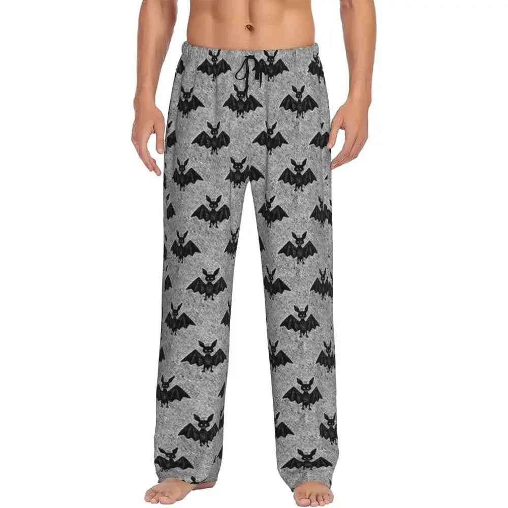 Custom Cute Spooky Halloween Bats Black And Purple Pajama Pants for Men Lounge Sleep Drawstring Sleepwear Bottoms with Pockets