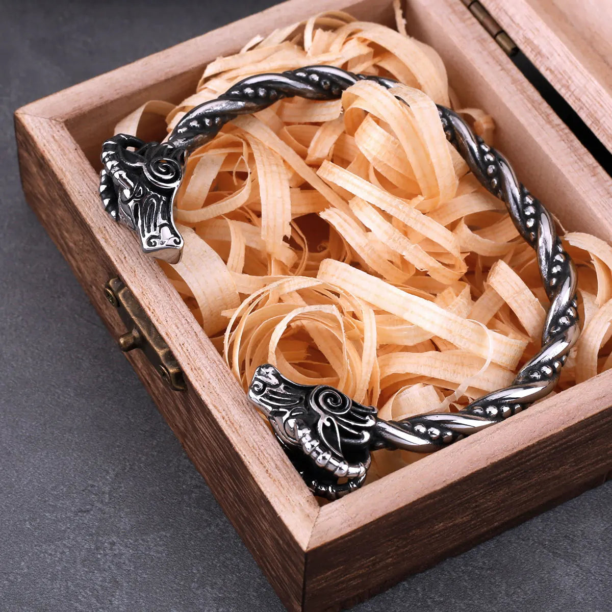 Viking Nordic Goat Head Animal Men Cuff Bracelet High Quality Fashion Stainless Steel Jewelry With Wooden Box