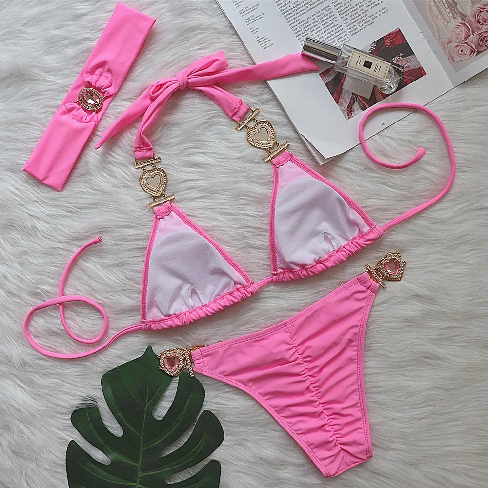 4 Colors New Sexy Bikini Women Luxury Heart-shaped Crystal Diamond Chain Solid Swimwear Swimsuit Female Bikinis Set Bathing Suit