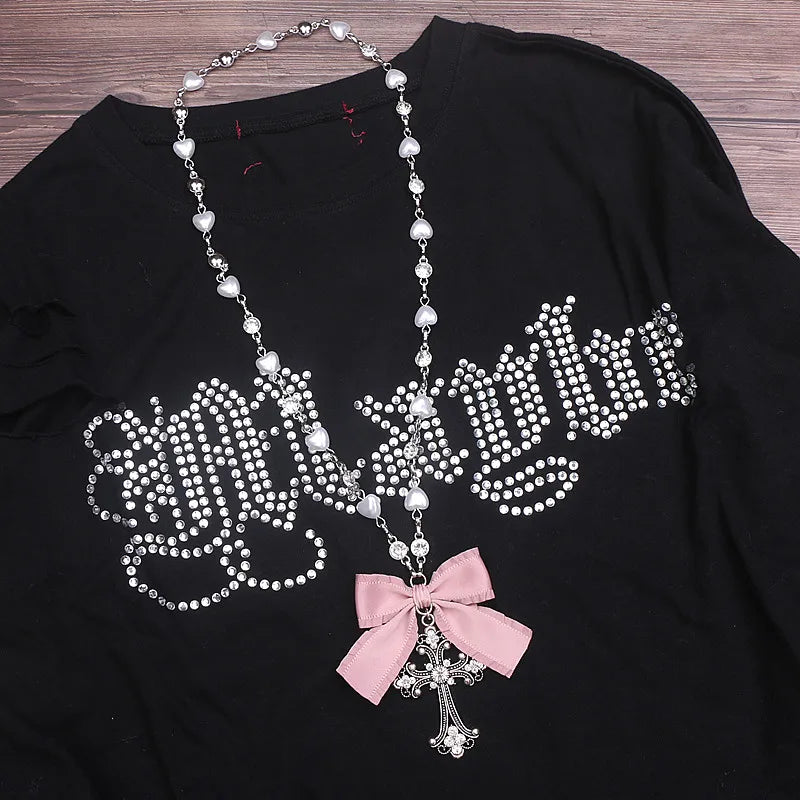 Lolita Style Accessories Beads Fashion Jewelry Handmade Necklace Rhinestone Cross Love Chain Long Necklace for Women