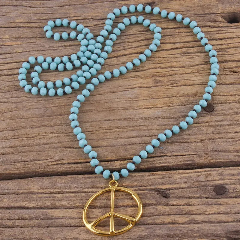 Fashion Boho Jewelry Accessory 6mm Glass Knotted With Metal Peace Pendant Necklaces For Women Femme Bohemia Necklace Gift