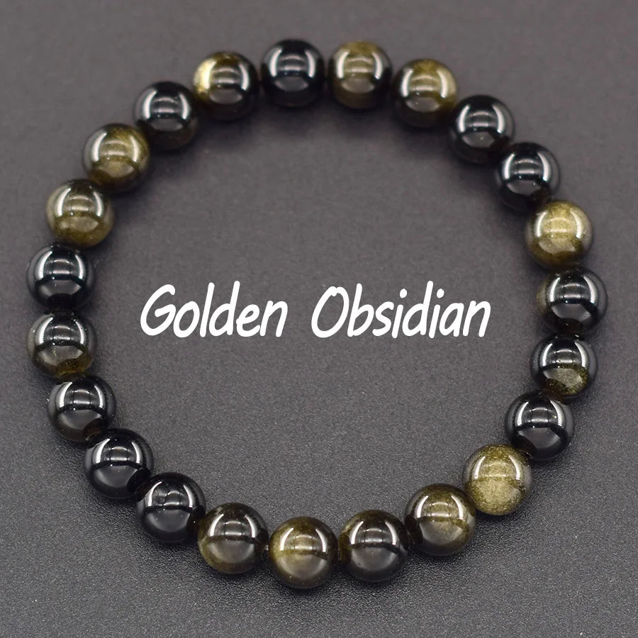 Natural Golden Obsidian Stone Beads Bracelet Men Women Golden Light Rainbow Obsidian Tourmaline Wealth Money Round Jewelry Gift