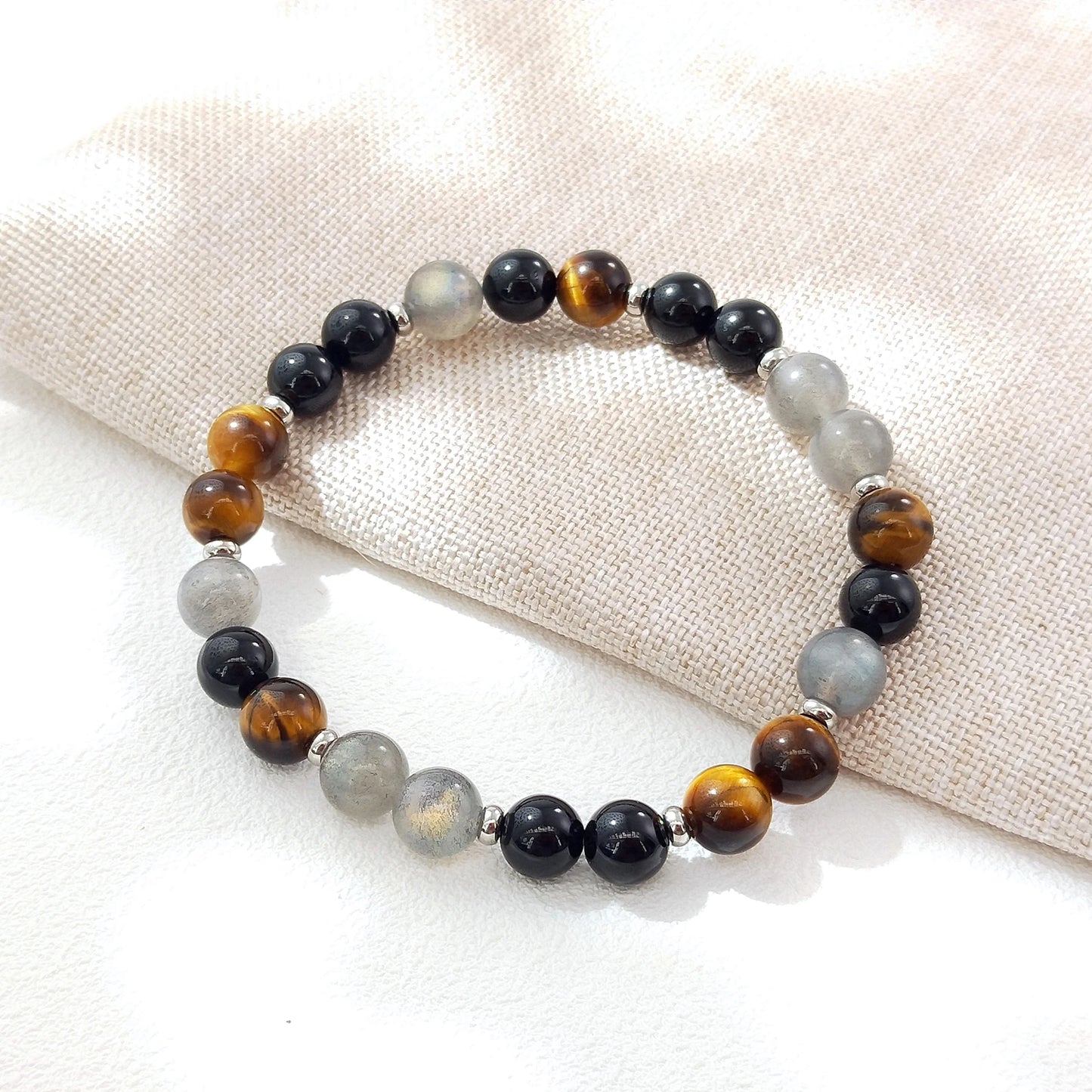 Lii Ji Natural Black Tourmaline Tiger's Eye Labradorite 8mm Elastic Bracelet