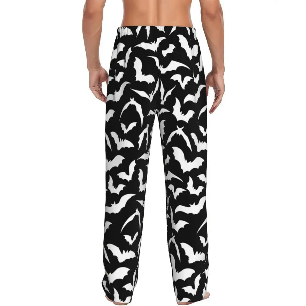 Custom Cute Spooky Halloween Bats Black And Purple Pajama Pants for Men Lounge Sleep Drawstring Sleepwear Bottoms with Pockets