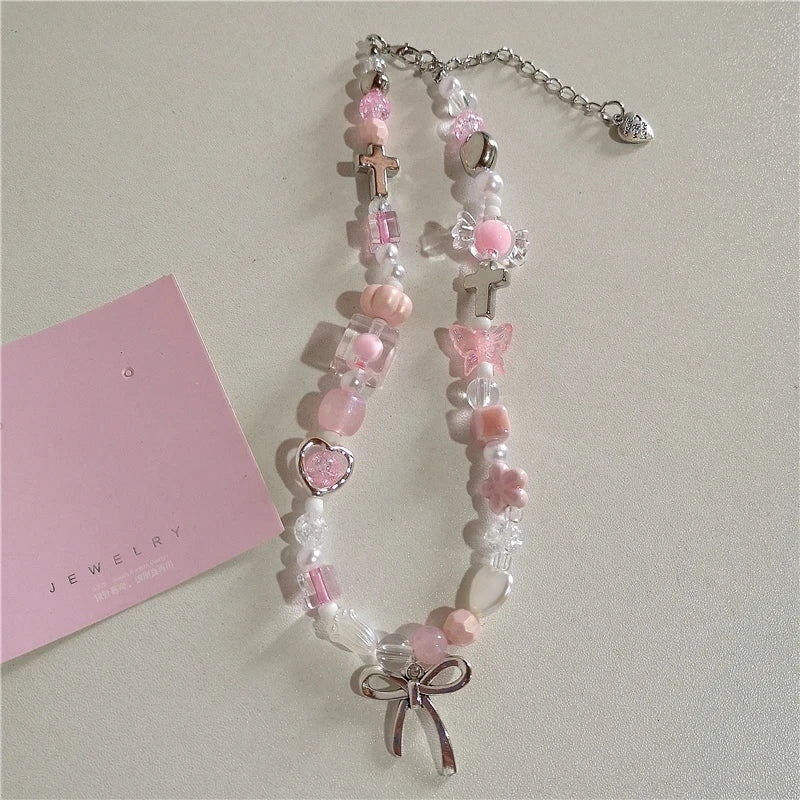 Gothic Vintage Kawaii Bowknot Star Moon Pink Heart Y2k Beads Beaded Bracelet For Girl Y2k EMO 90s Aesthetic Jewelry Accessories