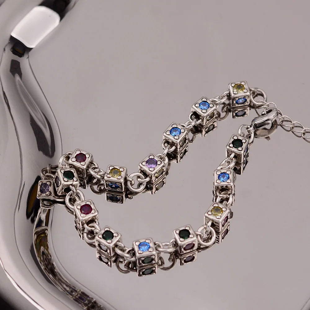 XIYANIKE Vintage Rainbow Zircon Dice Chain Bracelet For Women Girl Sweet Cool Fashion New Jewelry Lady Gift Party pulseras mujer