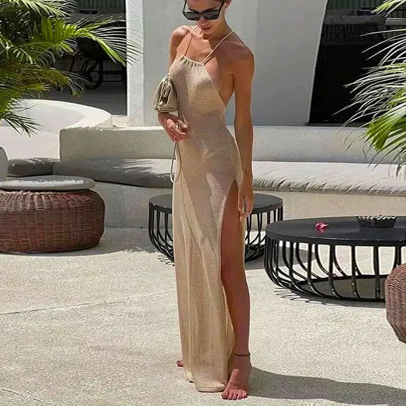 Para Praia Knitted Cover Up Beach Dress Sexy See Through Slit Bodycon Summer Dress Bikinis Cover-ups Elegant Halter Beachdress