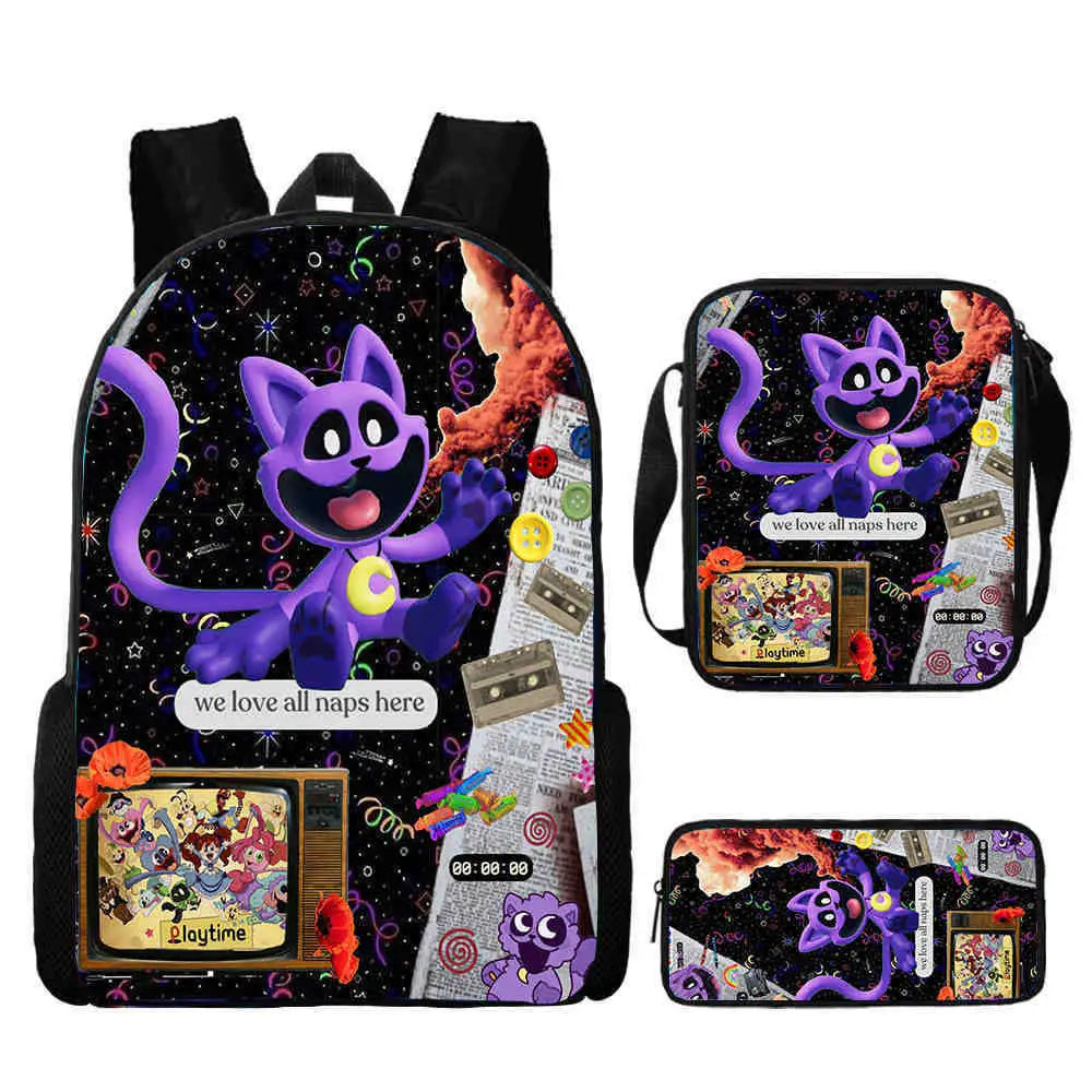 3pcs Set Smiling 3D Critters School Backpack with Pencil Bag Shoulder Bags Large Capacity Cartoon Amine Game Child Backpack