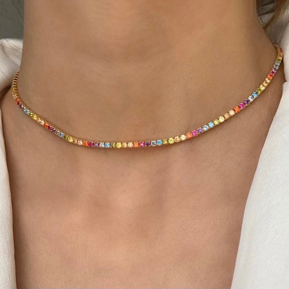 2.5/3mm Round Rainbow Tennis Necklace Bracelet for Women S925 Silver Colorful High Carbon Diamond Clavicle Choker Fine Jewelry