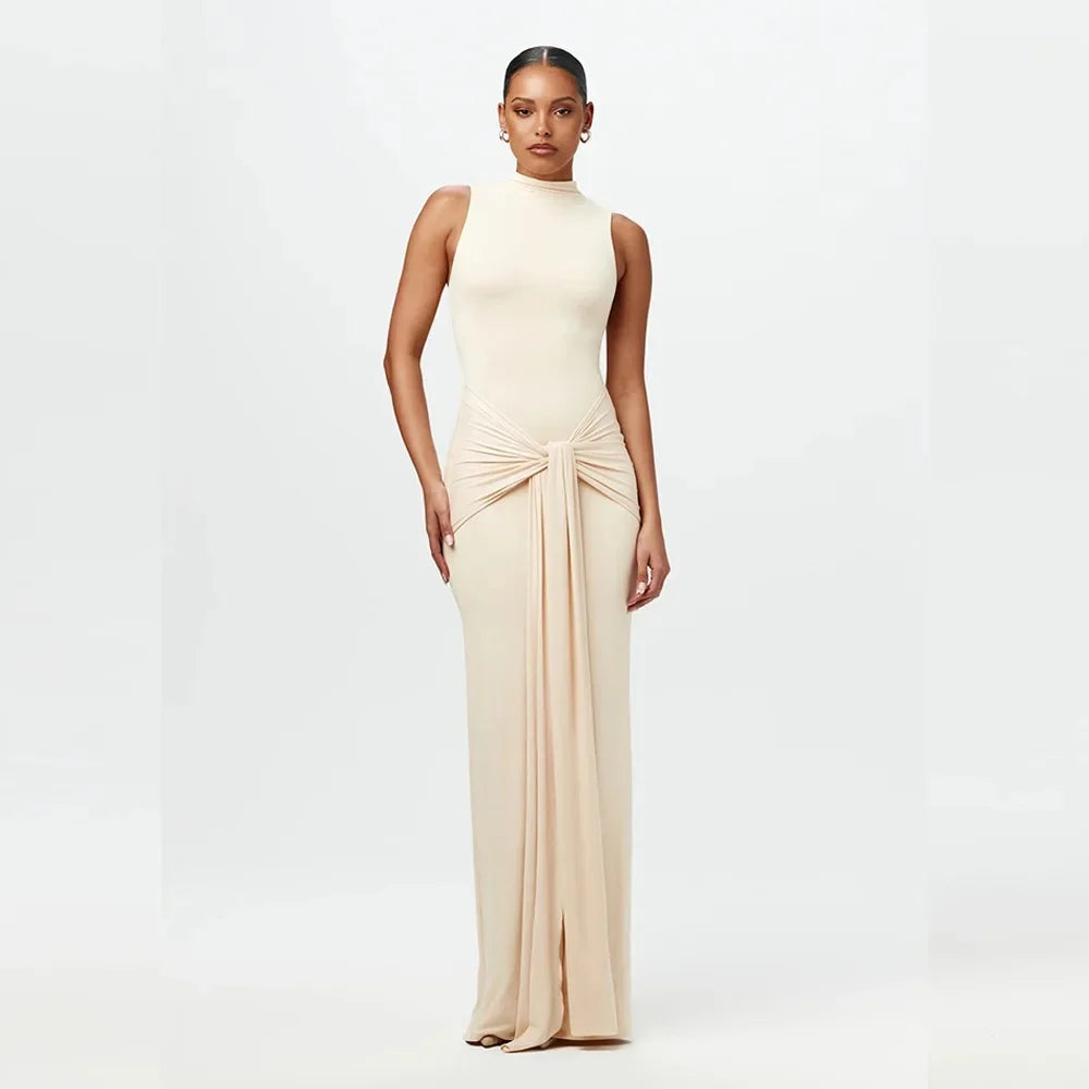Slim Fit Wrap around Midriff Baring Sleeveless round Neck Dress for Women in Autumn And Winter Pure Color with Belt Detail