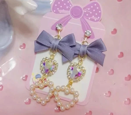 Japanese Style Lolita Sweet Bownot Rhinestone Pearl Heart Shaped Drop Earrings 925 Silver Pin Ear Clip Women Girls Earrings
