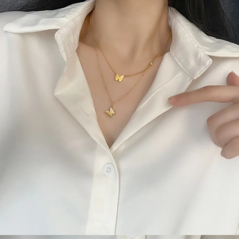 316L Stainless Steel New Fashion Upscale Jewelry 2 Layer Zircon Butterfly Charms Beaded Chain Choker Necklaces Pendant For Women