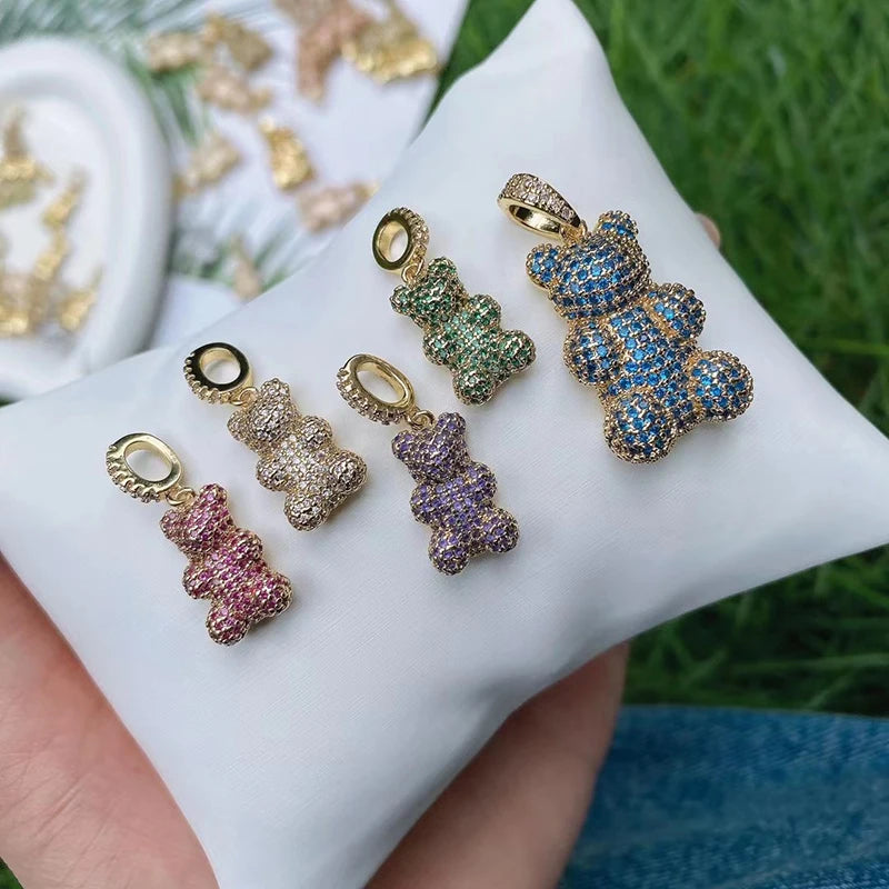 Luxury Fine Inlaid Rainbow Cubic Zirconia Charm Pendant,Cute Bear Jewelry Necklace Bracelet Making Wholesale Supplies M85