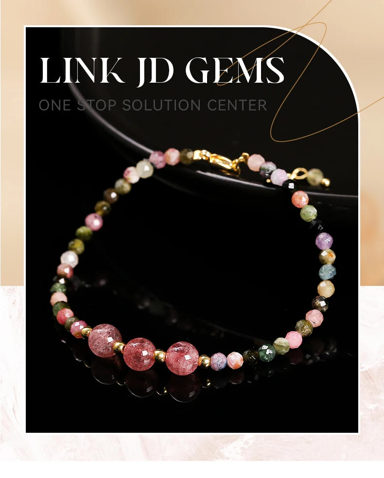 JD Natural Stone Faceted Rainbow Tourmaline Strawberry Quartz Bracelet Women Luxury Thin Adjustable Reiki Healing String Jewelry