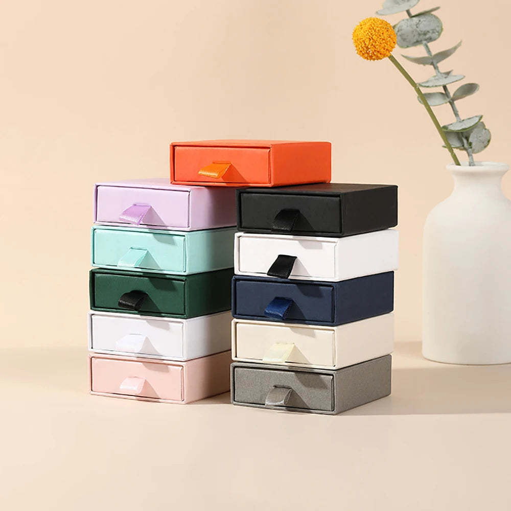 10 Bulk Luxury Hard Rigid Cardboard Sliding Jewellery Gift Box Beige Paper Drawer Jewelry Ring Stud Earring Packaging Boxes Case