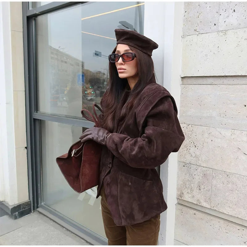 Dark Brown Suede One Button Blazer Women Long Sleeve Wide Shoulders Coat Autumn Highstreet Commute Fashion Solid Lady Outerwears