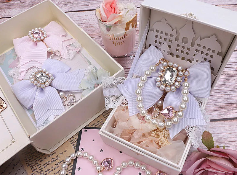 Japanese Sweet Cute Handmade Rhinestone Bow Hairpin Pearl Lace Hairclips Lolita Women Girls Side Clip Bag Pendant Handbag Charms
