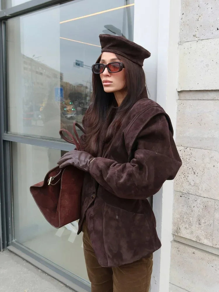 Dark Brown Suede One Button Blazer Women Long Sleeve Wide Shoulders Coat Autumn Highstreet Commute Fashion Solid Lady Outerwears