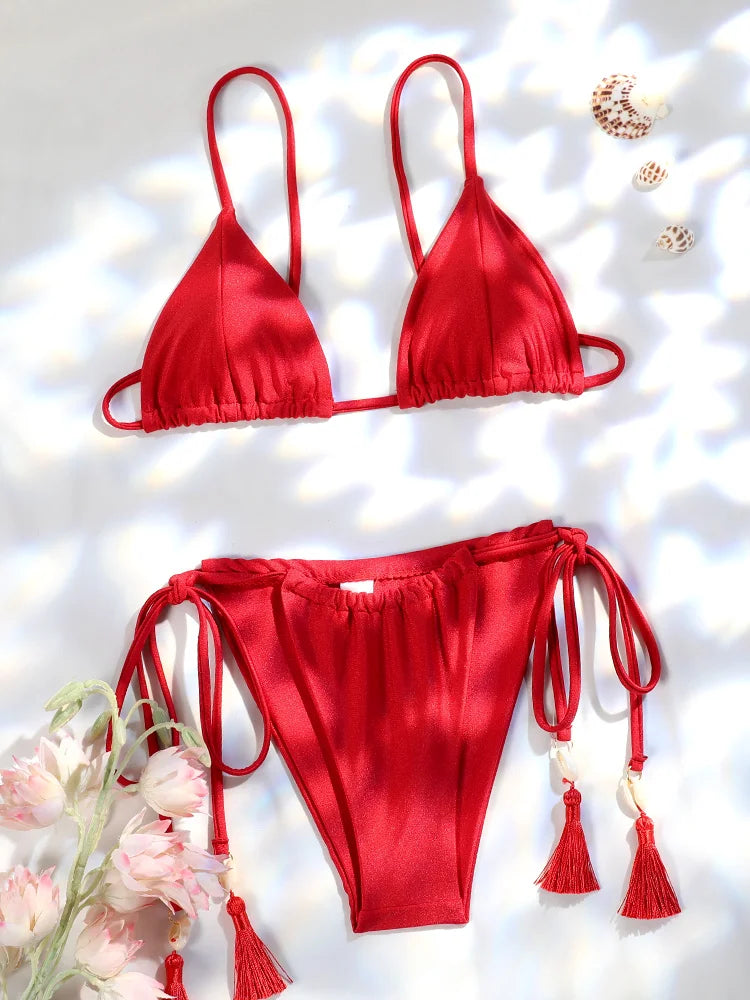 ZRTAK String Beachwear Shell Tassels Red Bikinis Sexy Swimsuit Women Two Piece Biquini Bathing Suit Swimwear Triangle Bikini Set