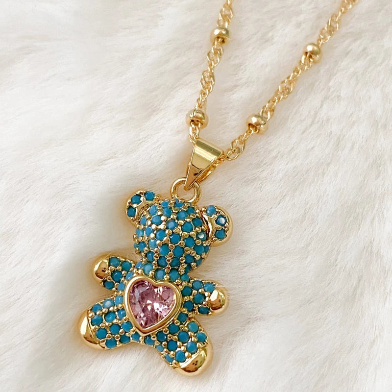 Luxury Fine Inlaid Rainbow Cubic Zirconia Charm Pendant,Cute Bear Jewelry Necklace Bracelet Making Wholesale Supplies M85